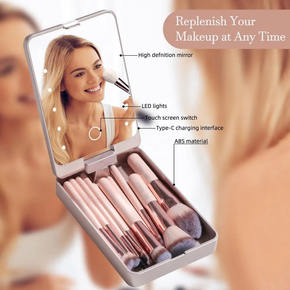 New BEAUTIMAX Makeup Brush Set including Mirror Case 14PCS Travel LED Mirror Makeup Brush Set (Type C Cable not Included) - Image 2