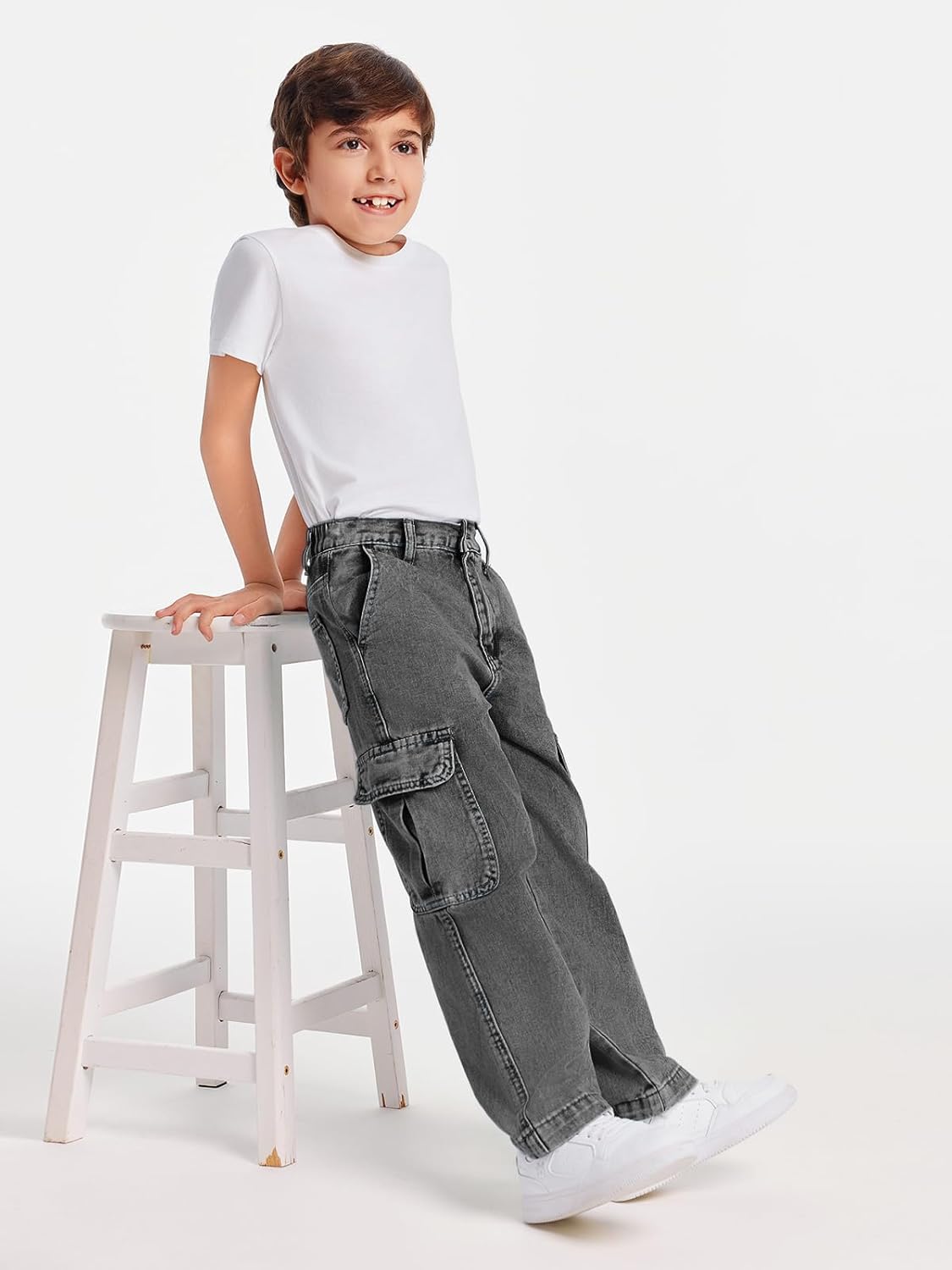 Haloumoning Boys Cargo Baggy Pants Elastic Waist Wide Leg Jeans Casual Demin Pants with Pockets 5-14 Years - Image 5