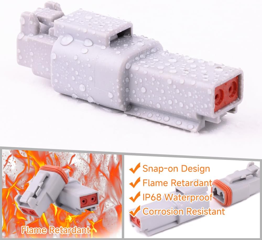 Image showing a connected Deutsch DT connector with water droplets, highlighting its IP68 waterproof rating, flame retardant properties, and corrosion resistance.