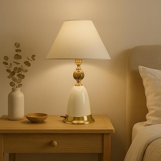 BENE Labis Modern Indoor Table Lamp | Premium Home Decor Cream and Gold Bedside Desk lamp for Living Room Bedroom Dining, 