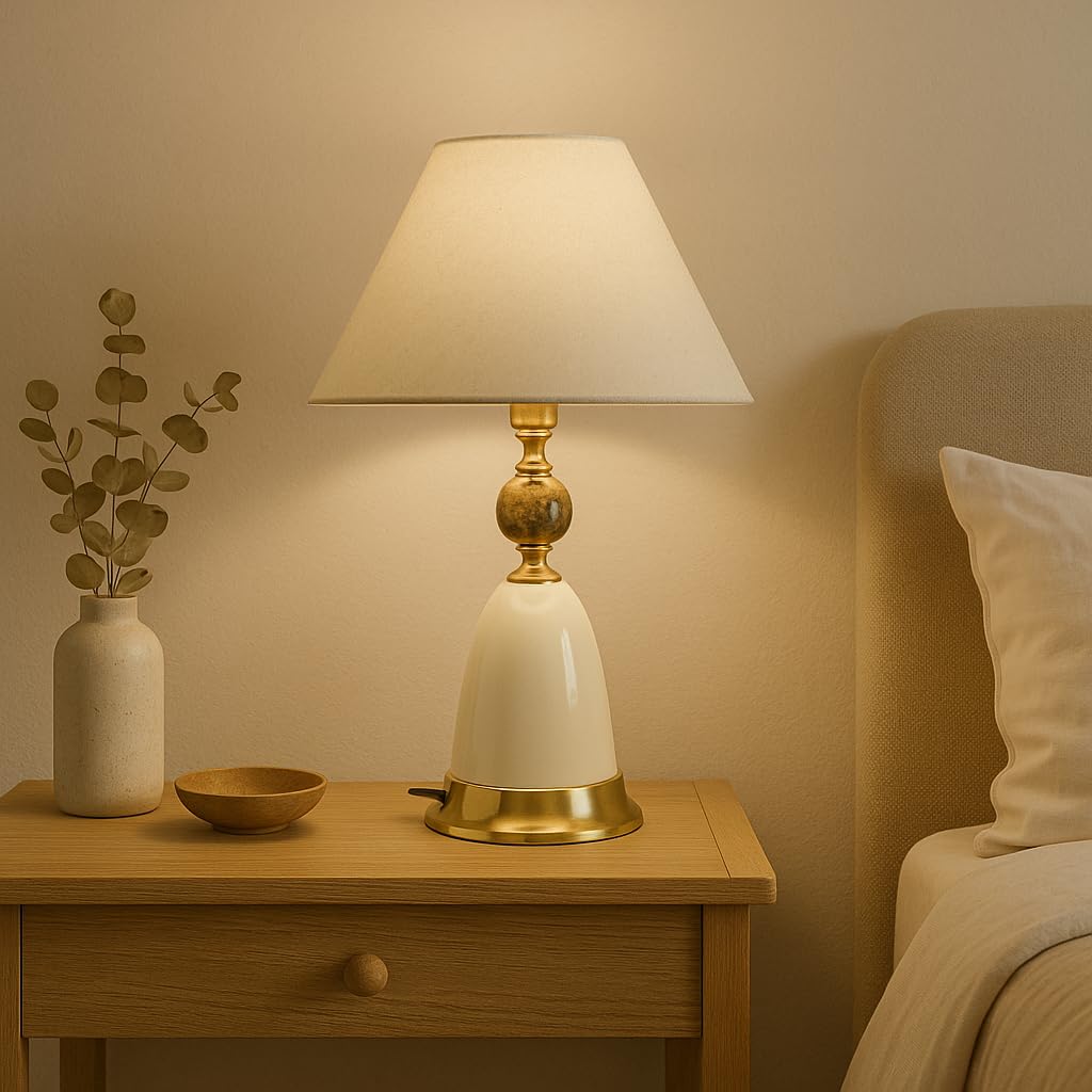 BENE Labis Modern Indoor Table Lamp | Premium Home Decor Cream and Gold Bedside Desk lamp for Living Room Bedroom Dining, 