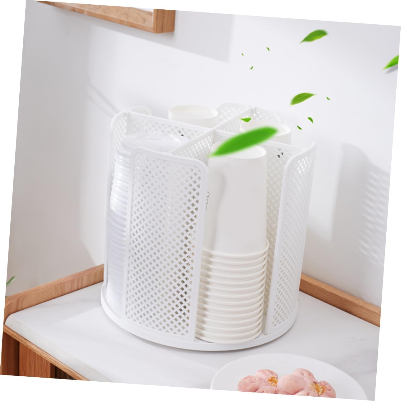 SHOWERORO 360degree Desktop Cup Holder Rotating Paper Cup Dispenser for Coffee Shops and Tea Stores Hygienic Storage Rack White