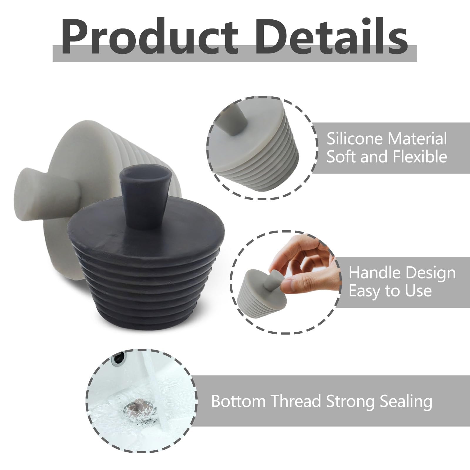 Bouchons De Vidange Universels En Silicone 4 Pièces - Pour Lavabo, Baignoire, Évier - Noir Et Gris
