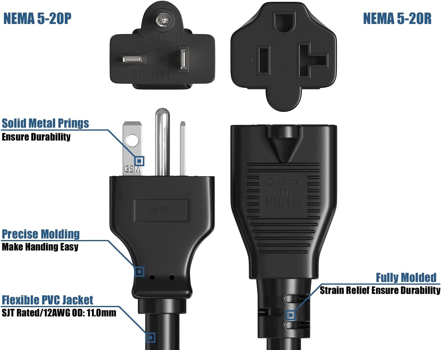 Cable Leader 25ft Heavy-Duty NEMA 5-20P to NEMA 5-20R 12 AWG Extension Power Cord
