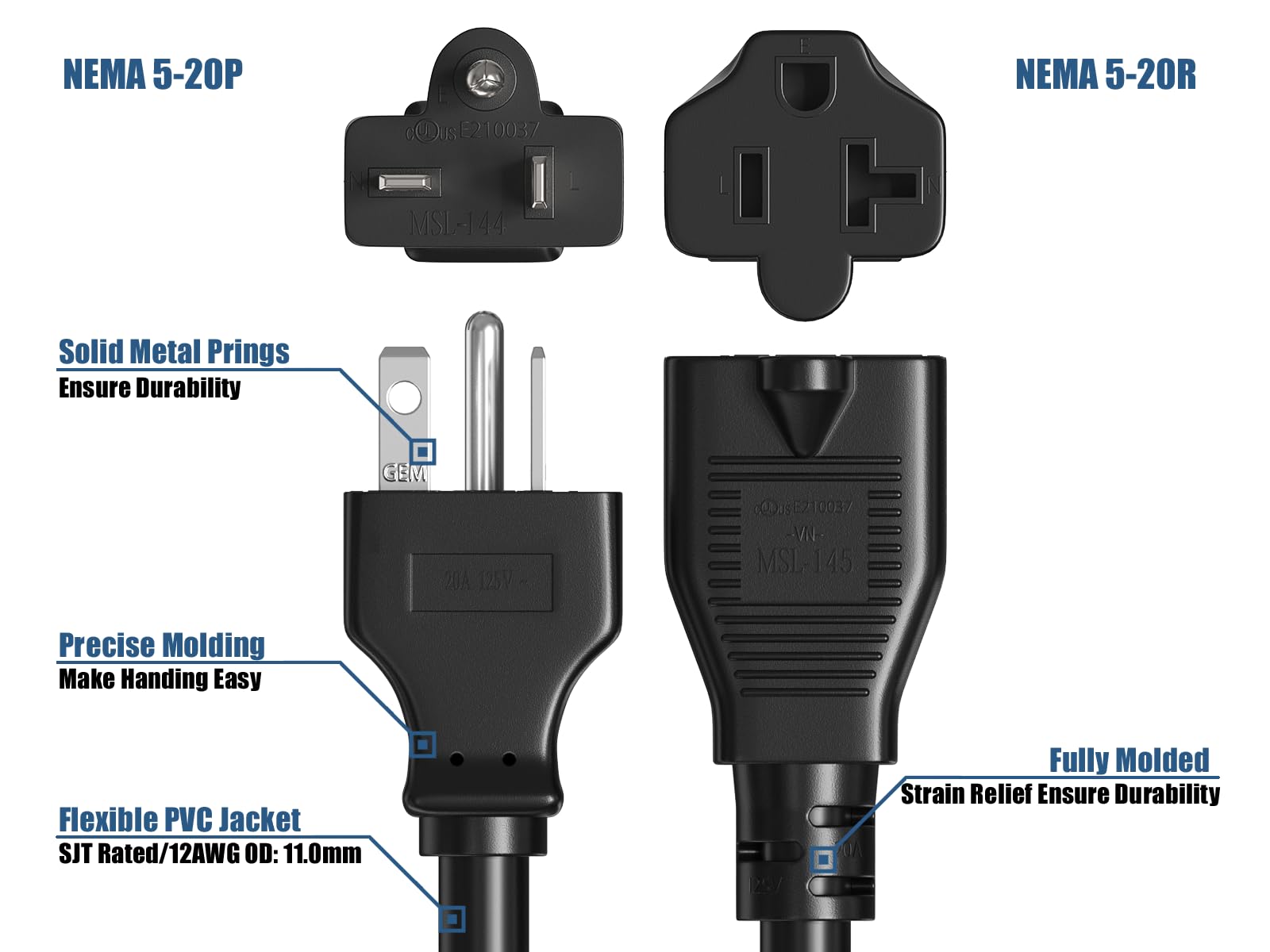 Amazon.com: Cable Leader 10ft Heavy-Duty NEMA 5-20P to NEMA 5-20R