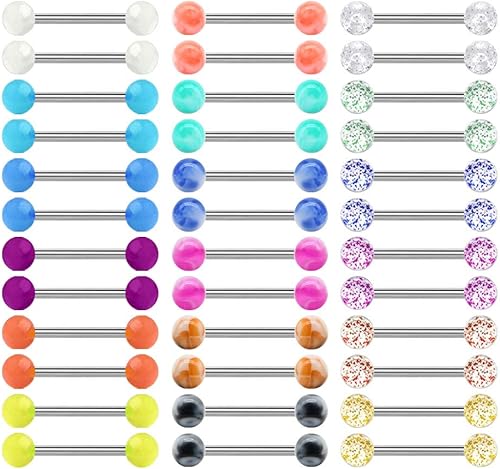 Mayhoop 36 anillos de acero inoxidable para pezón, anillos de lengua, barras rectas de 0.551 in, 0.630 in, 0.709 in de longitud para mujeres y