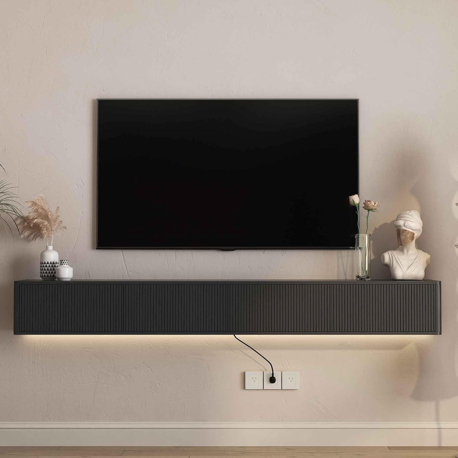 Black Floating TV Stand, Wall Mounted TV Shelf with LED Lights & Power Outlet, 79" Modern Entertainment Center Media Console with Storage (Black, 78.7x11.80x 9.8)