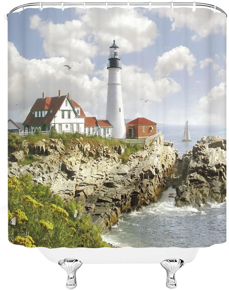 Lighthouse Shower Curtain Coast Cape Tower Hut Ocean Wave Rock Beautiful Town Scenery Nautical Ocean Theme Bathroom Decor Polyester with Hook(70Wx90H)