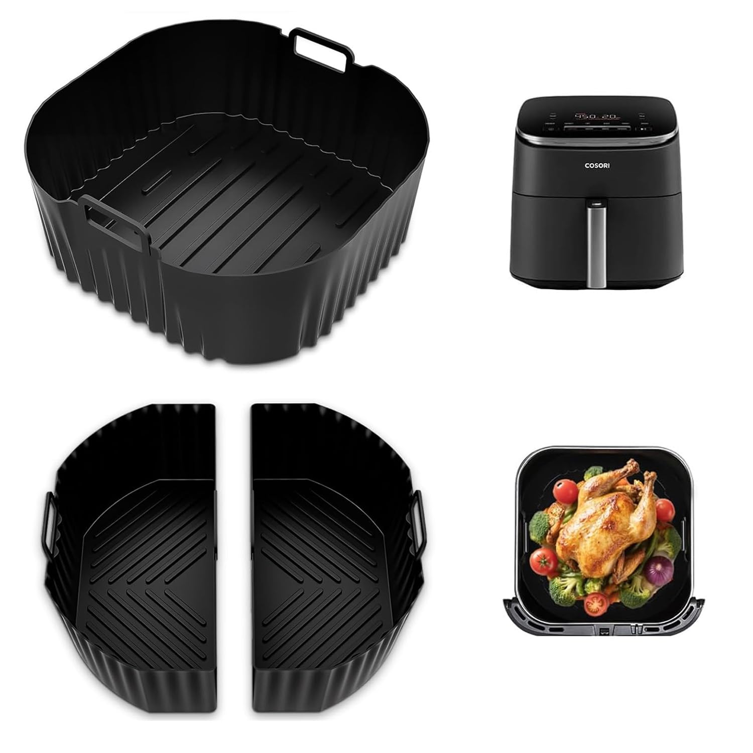 3 Pieces Silicone Air Fryer Mold, 2 x 3.1L + 1 x 6.2L Hot Air Fryer Accessories for Cosori 5.5L/6L/6.L, Philips Series 2000 6.2L Na230, Reusable Air Fryer Accessories (Black)