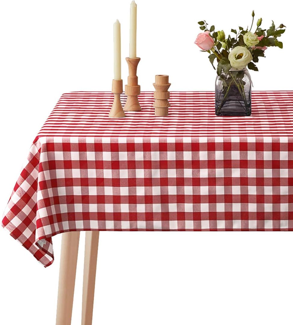 VEEYOO Waterproof Checkered Tablecloth - 60x84 inch Rectangle Buffalo Plaid Tablecloth, Polyester Stain Resistant and Spill Proof Table Cloth for Picnic, Party, Dinner (White & Red Tablecloth)