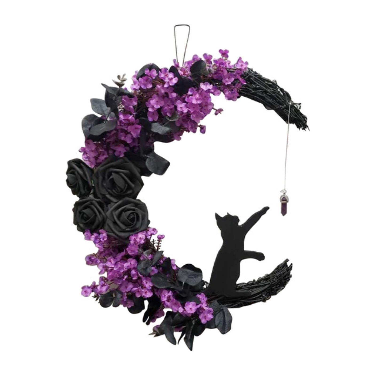 Couronne de porte lune décoration Halloween gothique chat noir et rose