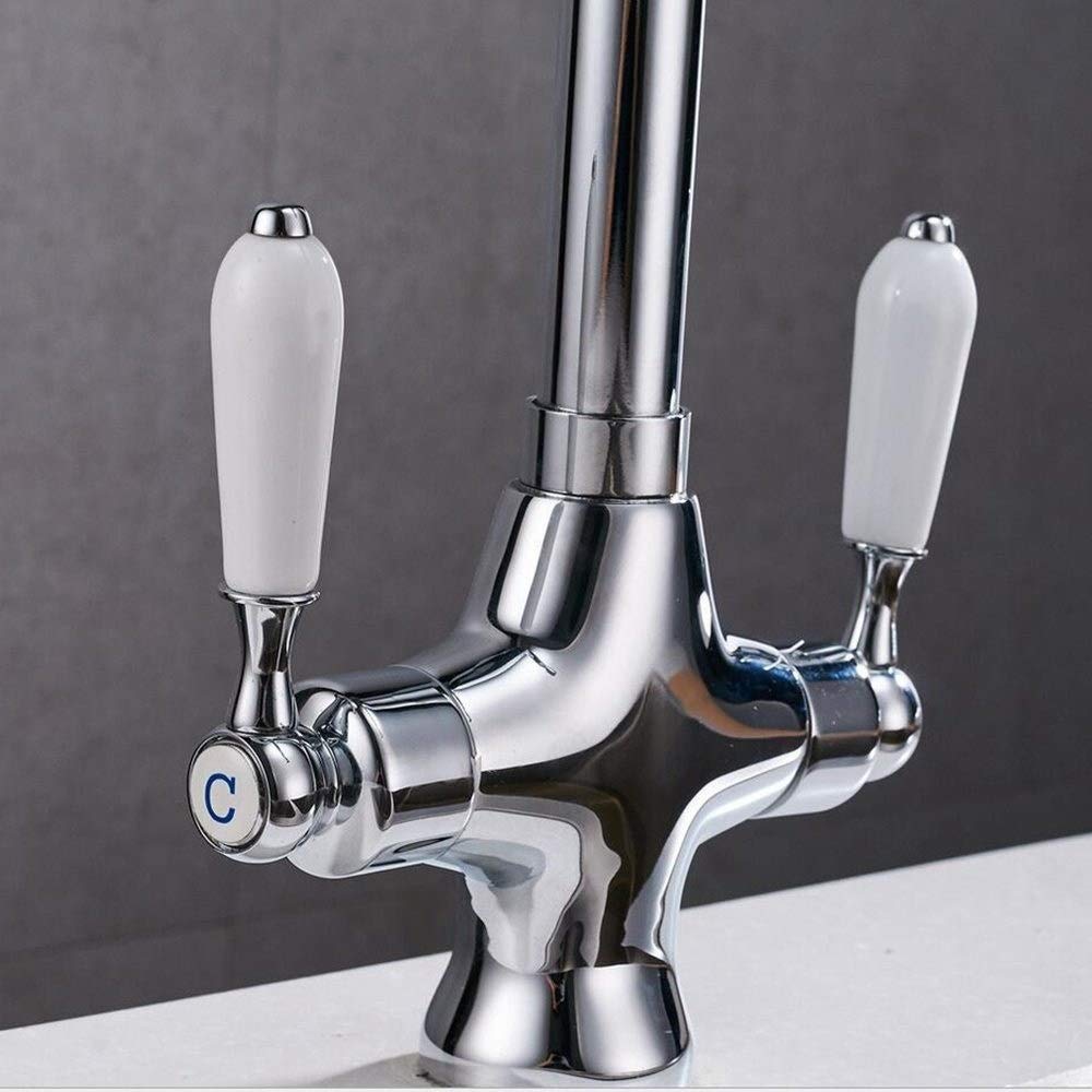 Obrotowy o 360 ° Nowoczesna bateria kuchenna Dwuuchwytowa bateria do mieszania ciepłej i zimnej wody Bateria zlewozmywakowa z ceramicznymi mosiężnymi uchwytami Z ABS Bubbler Deck Mounted Wat