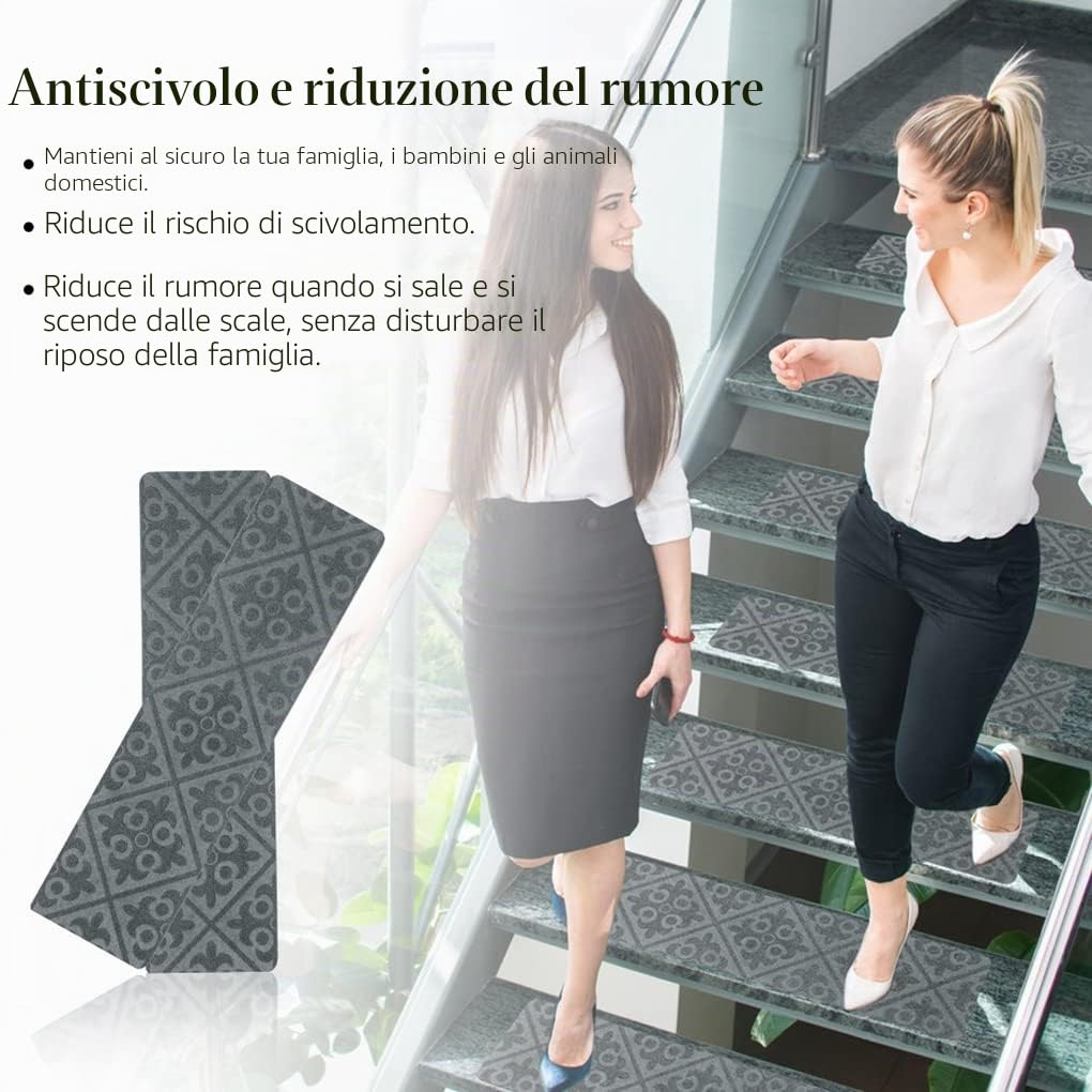 Arthome Tappeti per Scale 15 Pezzi 20x76cm per Gradini Legno, Tappetini Antiscivolo Sicurezza per animali domestici, anziani e bambini, Adesivi Antiscivolo per Moquette (Grigio Goffrato)