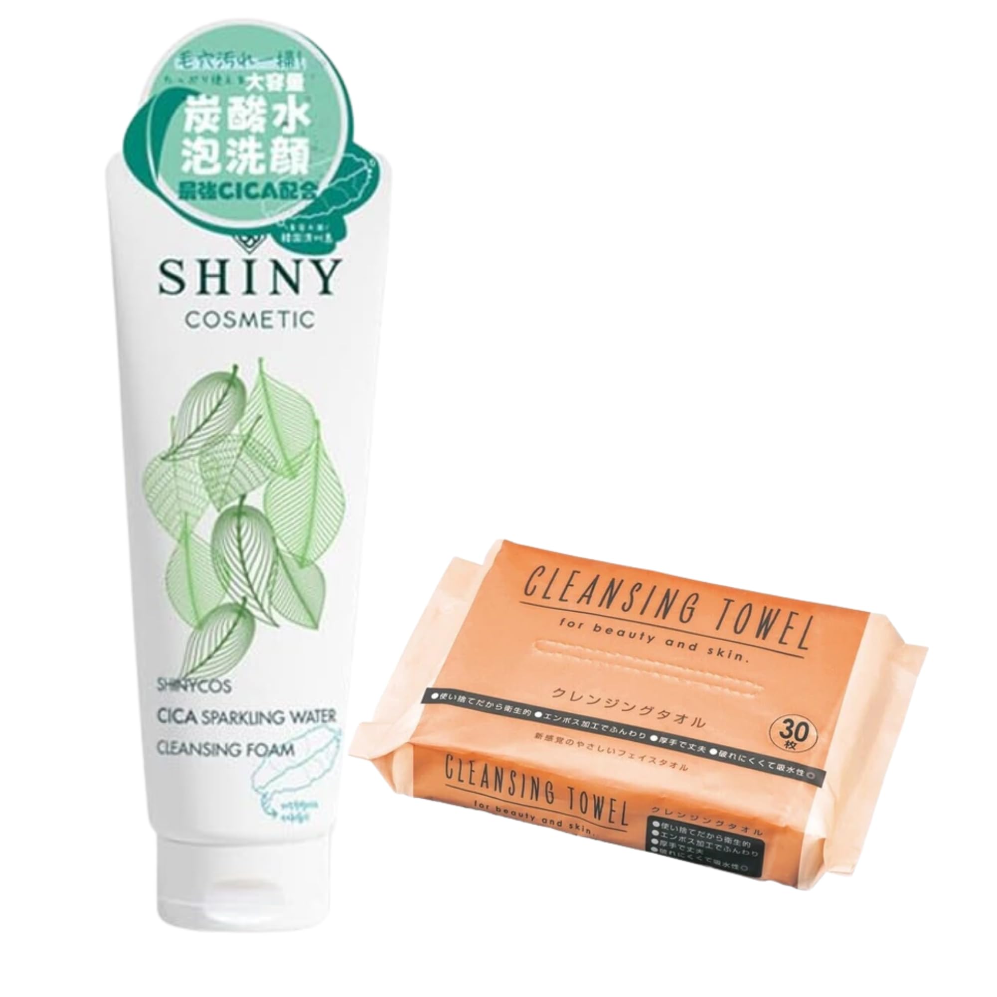 【セット品】SHINY cosmetic CICA 炭酸水クレンジングフォーム 大容量 250ml ／ クレンジングタオル 30枚入り｜韓国コスメ シカ 美肌クレンザー 美容 スキンケア 微細泡 洗顔 素肌 泡 パック 保湿 エッセンス 美容 汚れ除去 済州島 正規販売品