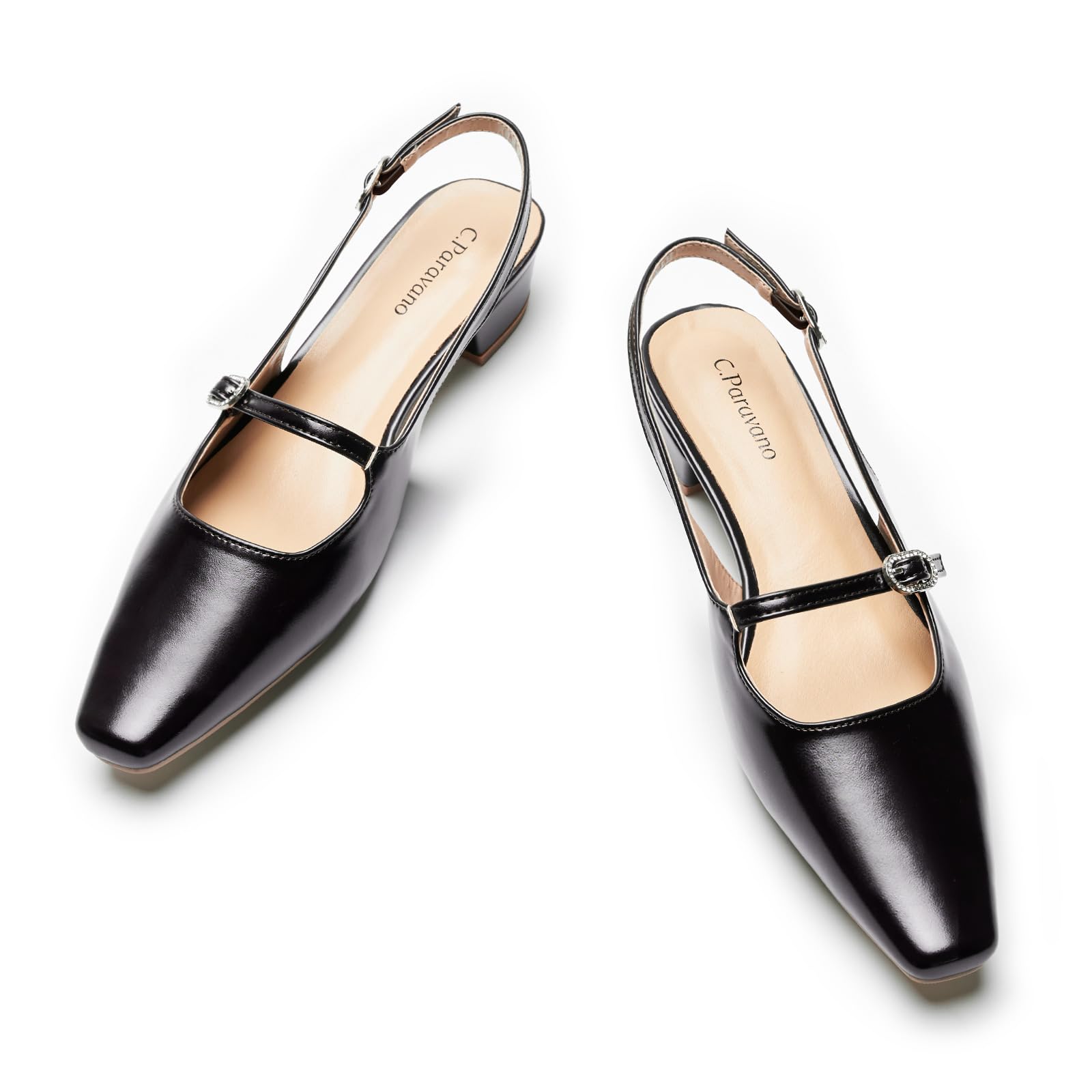 C.Paravano Women's Slingback Small Square Toe Slingback Flats Adjustable Strap Sandals Slip on Casual Slingback Dress Shoes 8.5 Black