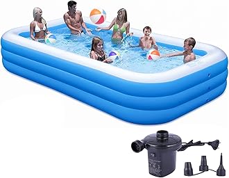 - 8.5 Feet Rectangular Inflatable Pool with Electric Pump Full-Sized Swimming with Family Bathtub for Kids Adults Outdoor Backyard Garden Summer Party (Blue)