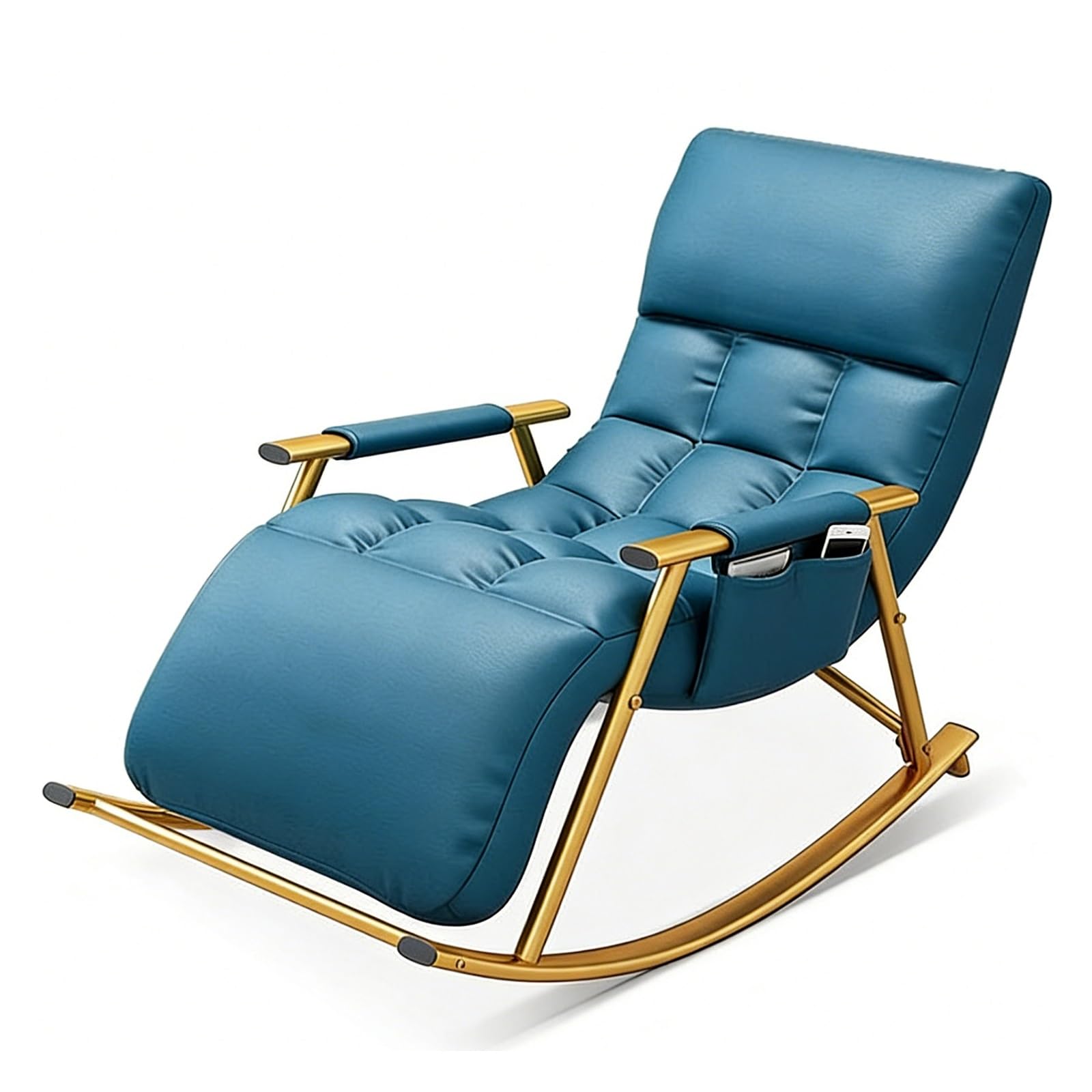 GTHTUHFD Rocking Chair With Adjustable High Backrest And Footrest, Comfortable Upholstered Rocker With Side Pockets, Leisure Recliner For Living Room, Bedroom, Balcony,Blue-Gold frame