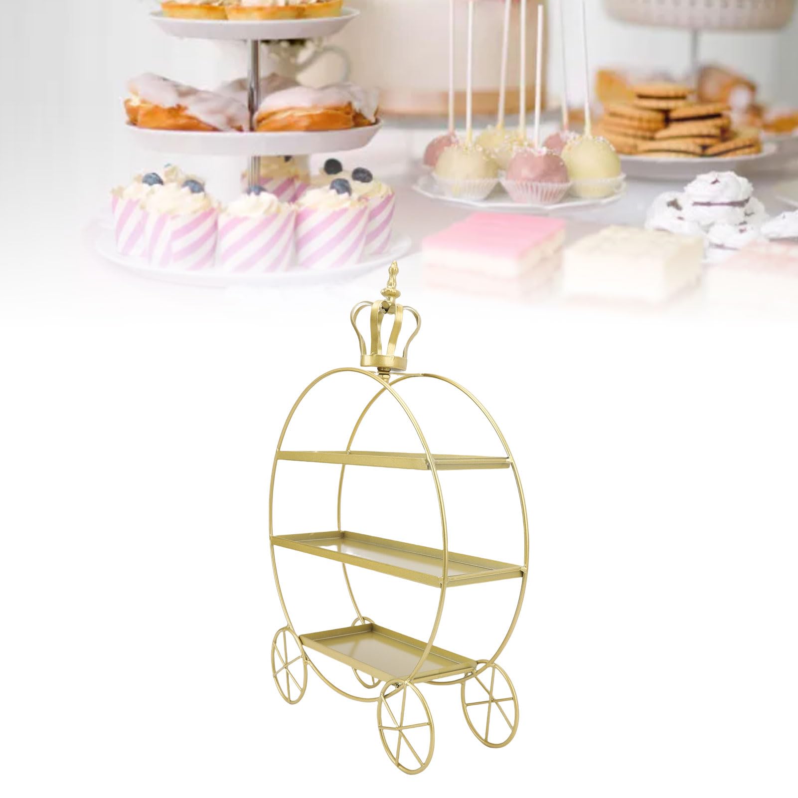 Fockety Soporte de 3 pisos para cupcakes, Expositor de metal dorado para cupcakes en carroza de princesa, Soporte personalizado para mesa de postres para decoración de fiestas de té (GOLD)