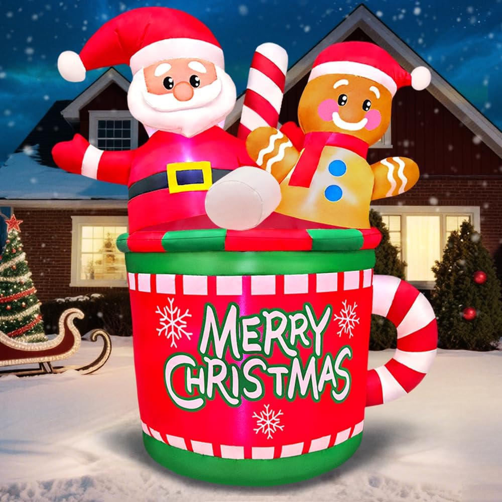 5FT Christmas Inflatables Outdoor Decorations, Gingerbread Man Santa Blow Up Yard Decorations Sitting in The Hot Cocoa Mug Scene with Built-in LEDs for Xmas Holiday Party Garden Lawn Décor
