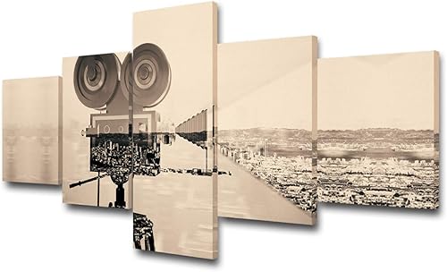 Decoraciones de pared para sala de estar, imágenes de cámara de estilo antiguo, pinturas de la industria cinematográfica, 5 paneles, lienzo marrón,