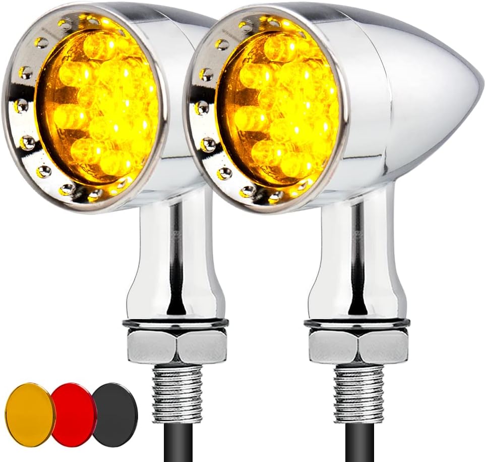 LED Bullet Turn Signals Lights Motorcycle Front Rear Indicator Universal Blinkers Compatible for Harley Davidson Cruiser Iron Softail Street Bike Honda Shadow Kawasaki Vulcan（B#Chome-Amber）