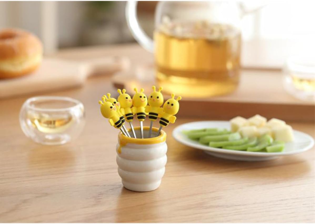 7 Pcs Bee Shape Fruit Forks Set and Ceramic Holder