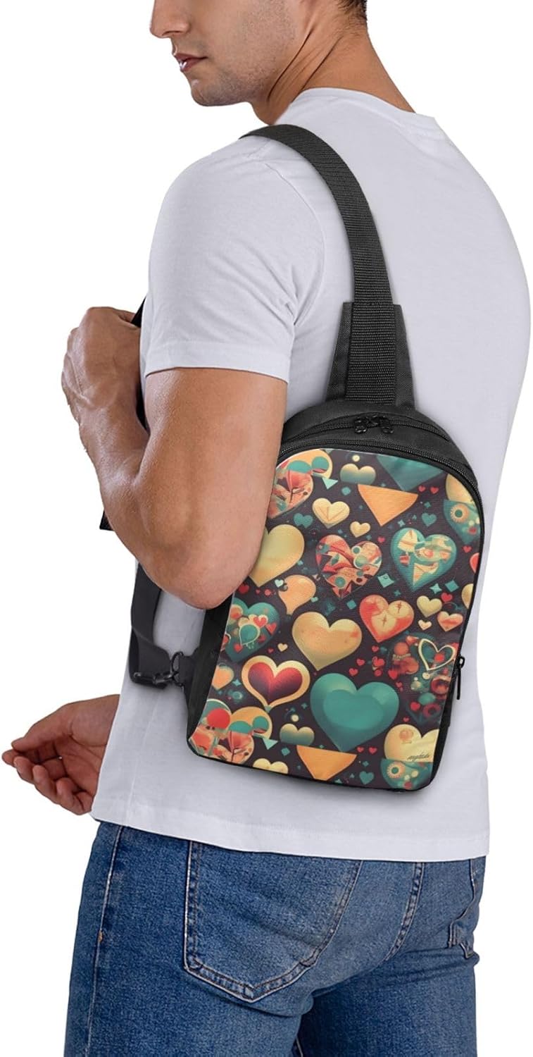Colorful Hearts Adjustable Strap Large Capacity Double Layer Crossbody Chest Bag 7.7x2.4x11.8in For Camping Travel Daily Leisure Activities