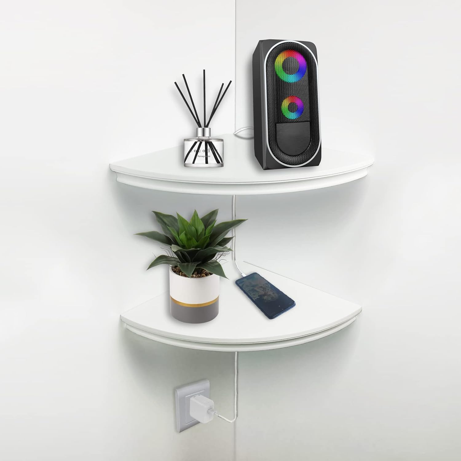 Floating Corner Wall Shelves Radial Wood Mounted Display Shelf for Bedroom Living Room Bathroom Kitchen 12 Inch Set of 2 White