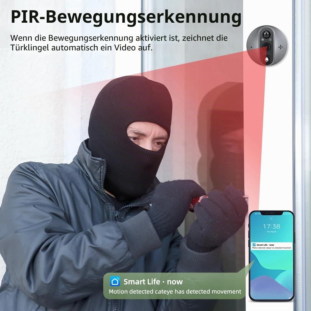 3PA1 WLAN Türspion Kamera mit 32GB Speicherkarte mit 4.3 Zoll Farbbildschirm 5000mAh Akku,2K Kabellose Video Türklingel Kamera mit 160°-Winkel, PIR-Bewegungserkennung,Zwei-Wege-Videoanruf