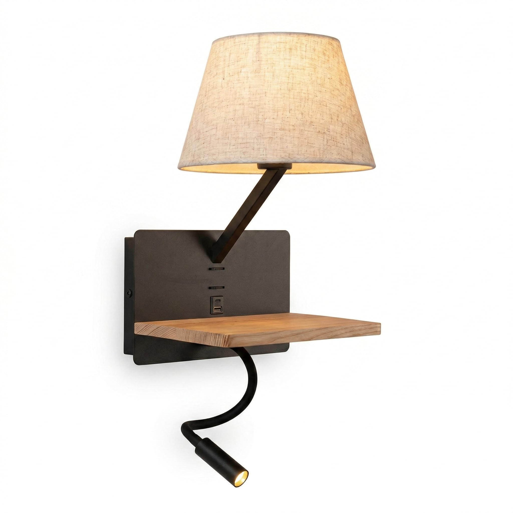 BARCELONA LED Applique da parete “Artin USB+USBC” con paralume E27, faretto LED orientabile 3W, mensola in legno e design moderno per camera da letto, testiera e hotel, Nero