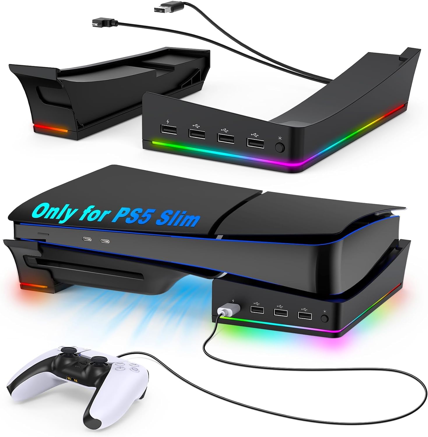 RGB Horizontal Stand for PS5 Pro / Slim Console Accessories with 14 Light Mode and 4 USB Hubs, Side Stand for Playstation 5 Pro / Slim Disc & Digital, Base Holder with Fast Charging, Carbon (-Black)