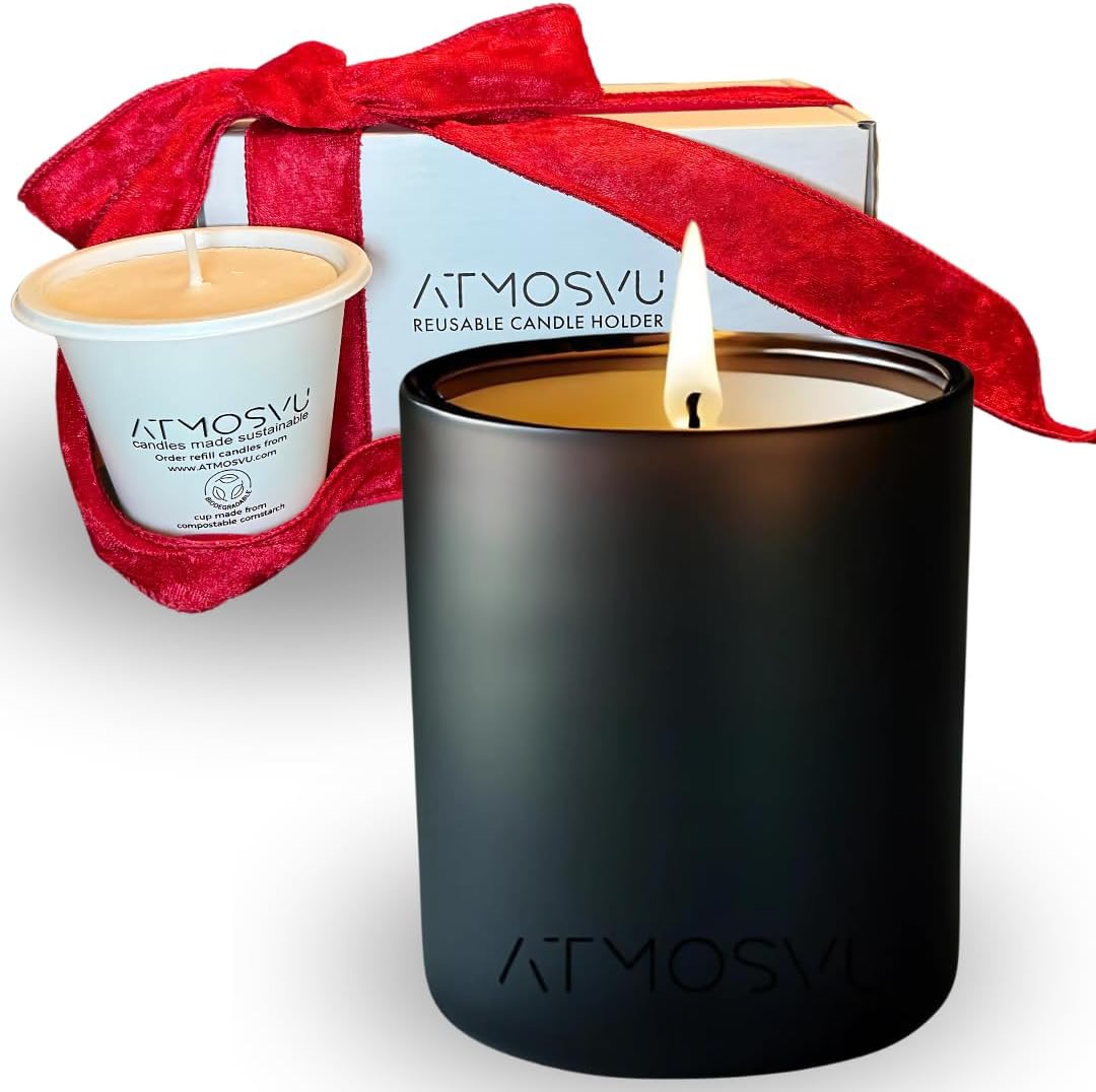 Reusable Candle Holder + Refill Candle | Gift Candle (Pine Candle, Pumpkin Candle) | ATMOSVU | Refillable Candle Holder for Home | Eco-Friendly Soy Wax Scented Candle | Black Candle Holder Pine / Pumpkin Spice 1 Wick