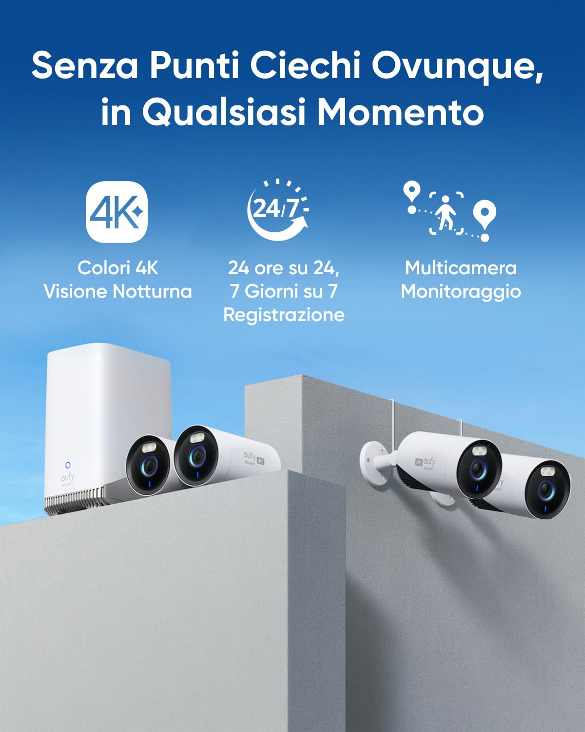 eufy Security eufyCam E330 (Pro) kit 4 telecamere, telecamere esterni 4K, registraz, 24/7, plug-in, NVR Wi-Fi, disco rigido 1 TB incluso, 10 canali, archiv. locale, nessun costo mensile