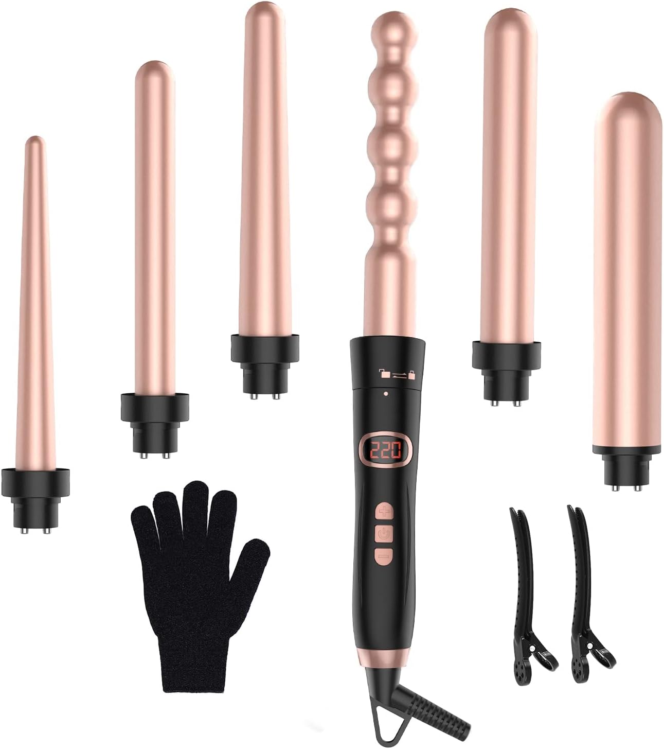 Krultangen met verschillende accessoires – 6-in-1 grote en kleine krullen, keramische krultang roségoud 9-32 mm