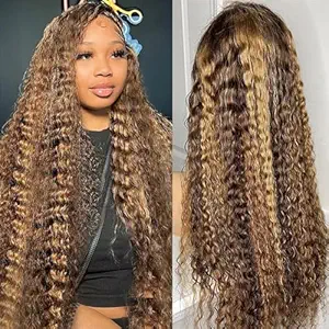 Highlight Ombre HD Transparent 13x4 Lace Front Wigs Human Hair 180% Density Honey Blonde 4/27 Deep Wave Lace Front Wigs for Black Women Frontal Curly Wig Pre Plucked with Baby Hair 28 Inch