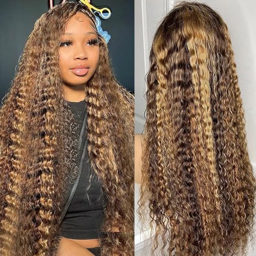 Highlight Ombre HD Transparent 13x4 Lace Front Wigs Human Hair 180% Density Honey Blonde 4/27 Deep Wave Lace Front Wigs for Black Women Frontal Curly Wig Pre Plucked with Baby Hair 28 Inch