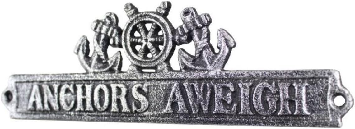 Hampton Nautical K-9326-silver Antique Silver Cast Iron Anchors Aweigh Sign with Ship Wheel & Anchors 12" - Nautical Home Decor