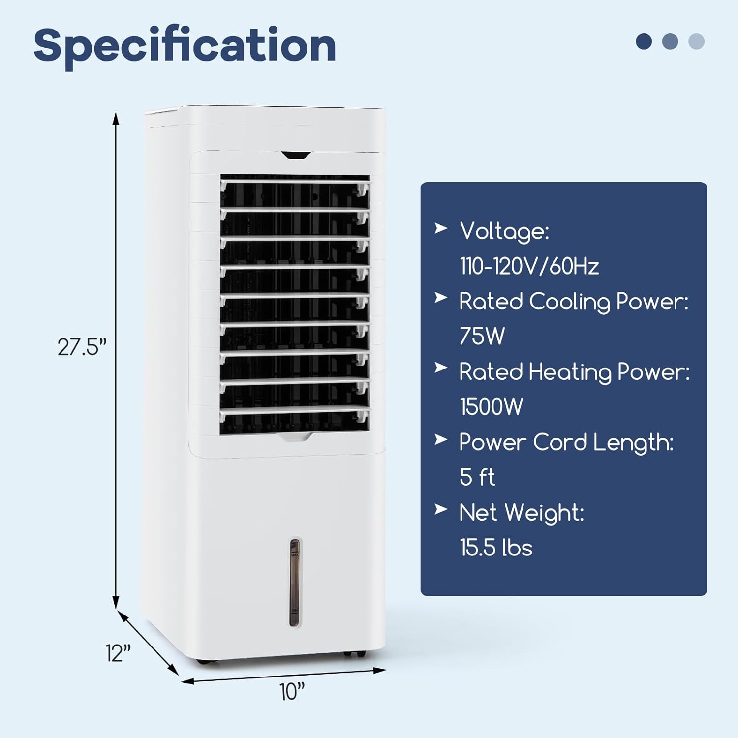 Image showing the dimensions of the DORTALA air cooler: 27.5 inches height, 12 inches width, 10 inches depth, and listing specifications like voltage, power, cord length, and net weight.