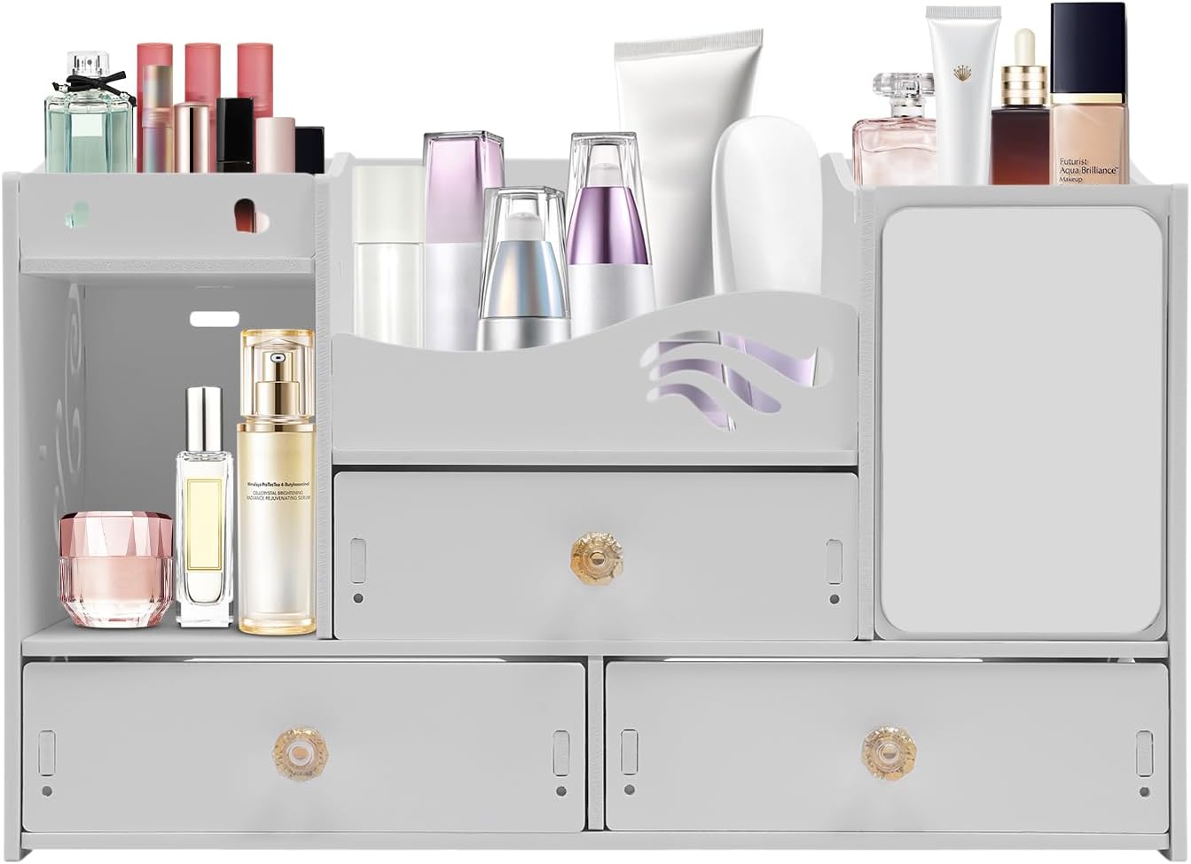 Small Makeup Organiser with Mirror, Dressing Table Organiser Storage Box with 3 Drawers, Desktop Desk Organiser for Perfumery Jewellery Brushes, White, 40 X 20 X 25cm