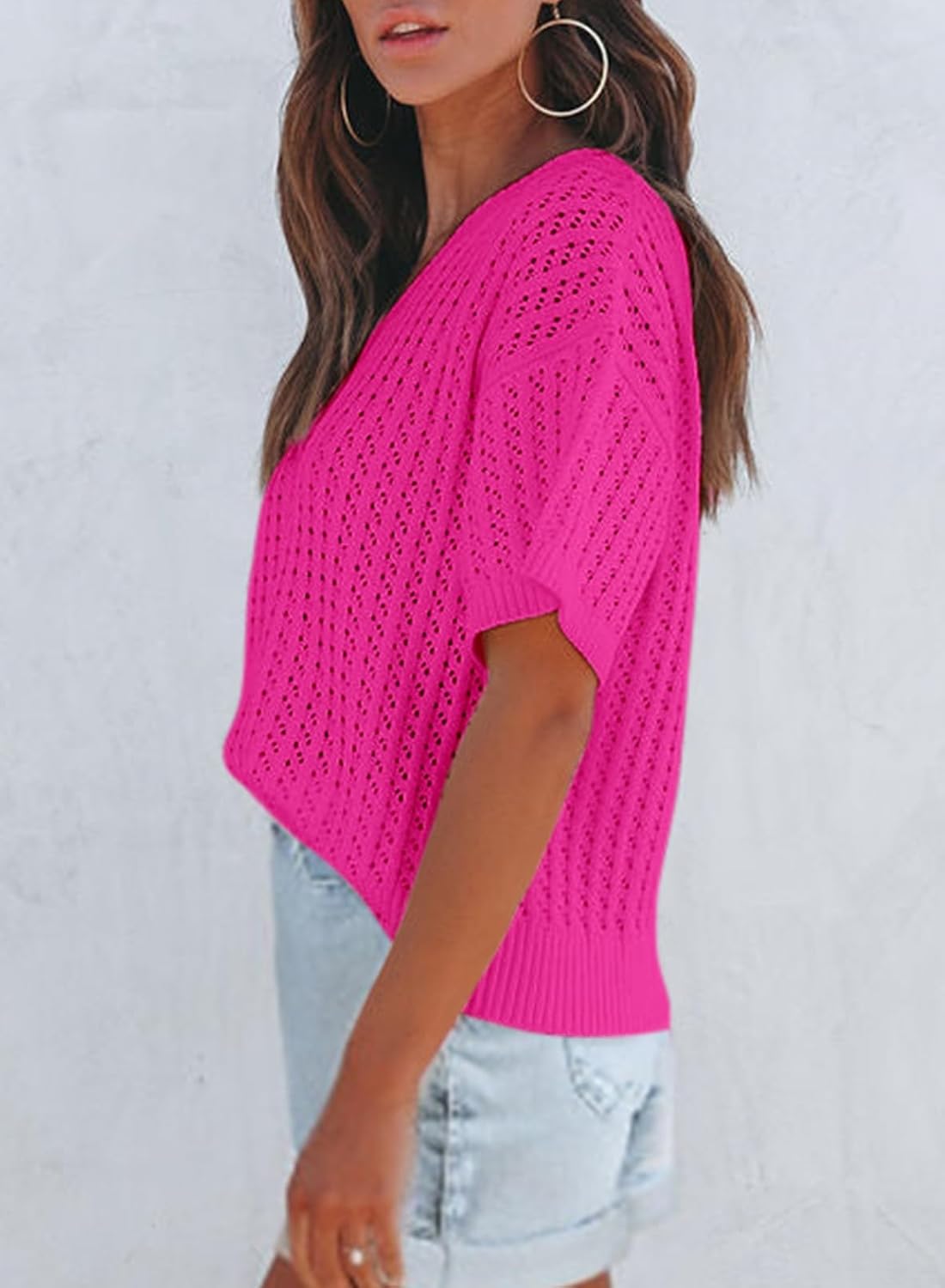 Dokotoo Womens Casual Summer Tops V Neck Short Sleeve Shirts Solid Hollow Out Lightweight Loose Fit Sweater Blouses - Image 3