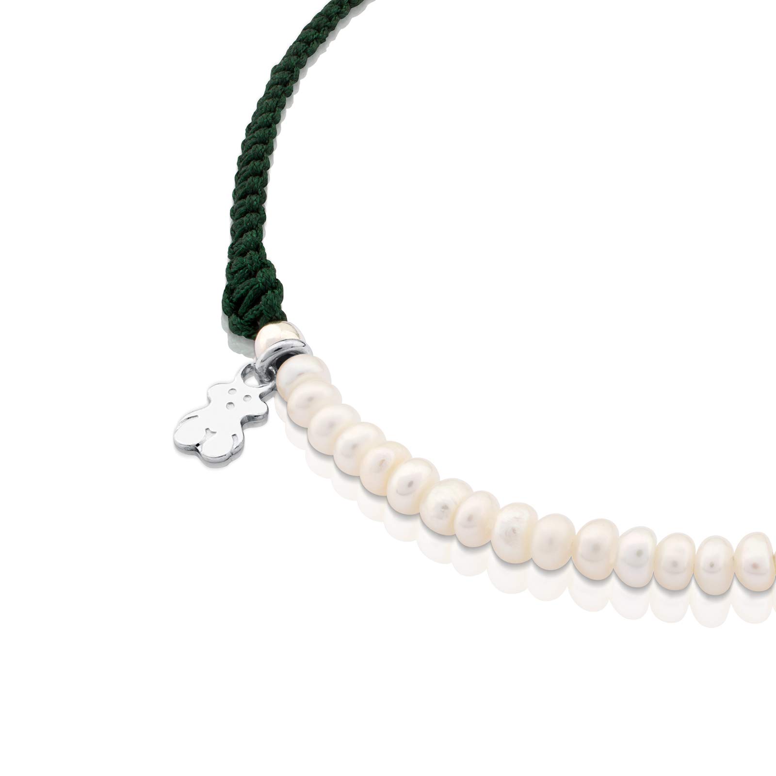 TOUS Bracciale in nylon verde con perle coltivate da donna con motivo a orso in argento sterling 0,2 cm, combinabile e versatile, collezione color AG