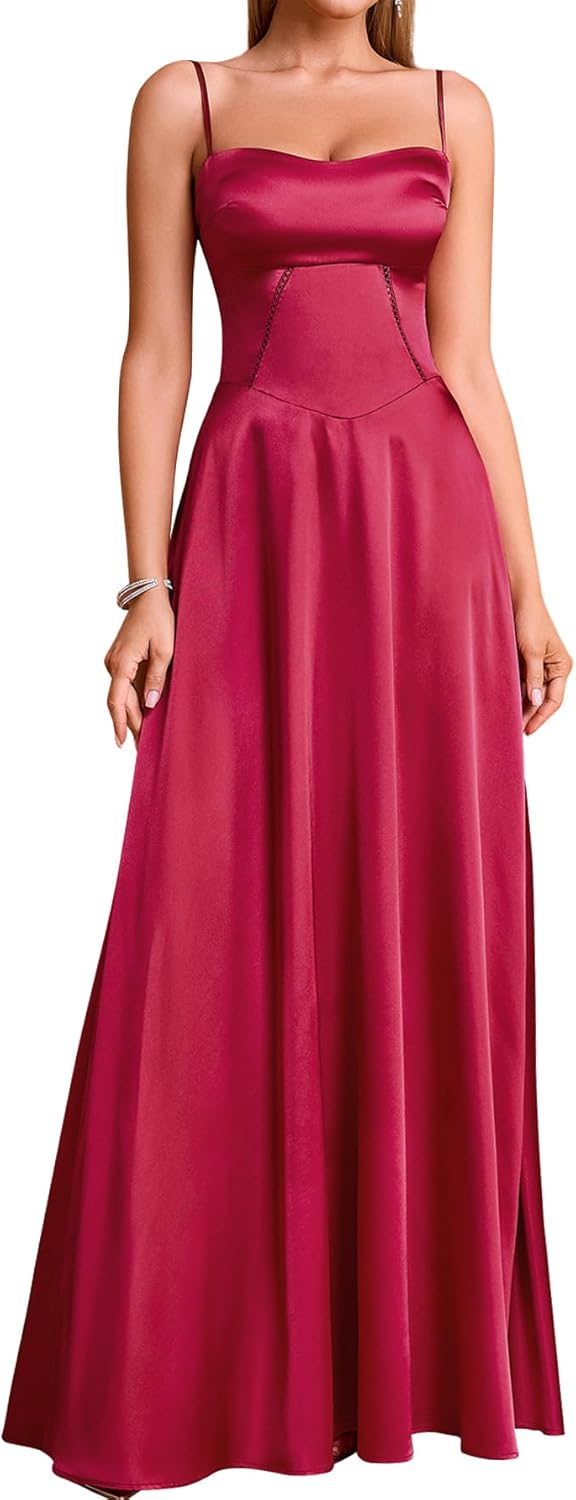 KUTUMAI Satin Maxi Dress Spaghetti Strap Lace Up Long Formal Dresses for Women Wedding Guest Cocktail Evening Prom