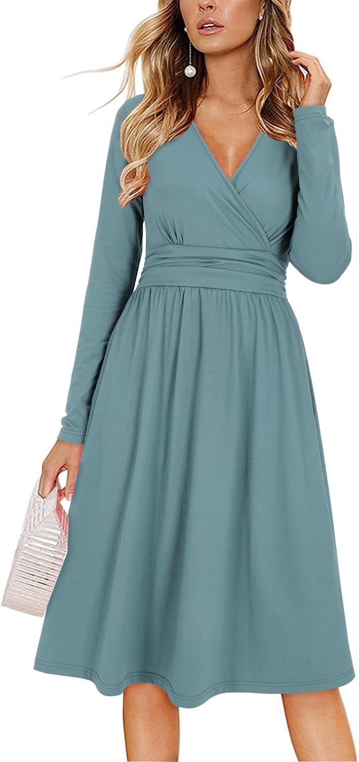 OUGES Women's Fall Long Sleeve Dress Casual Wrap V Neck Flowy Midi Wedding Guest Dresses with Pockets 2025