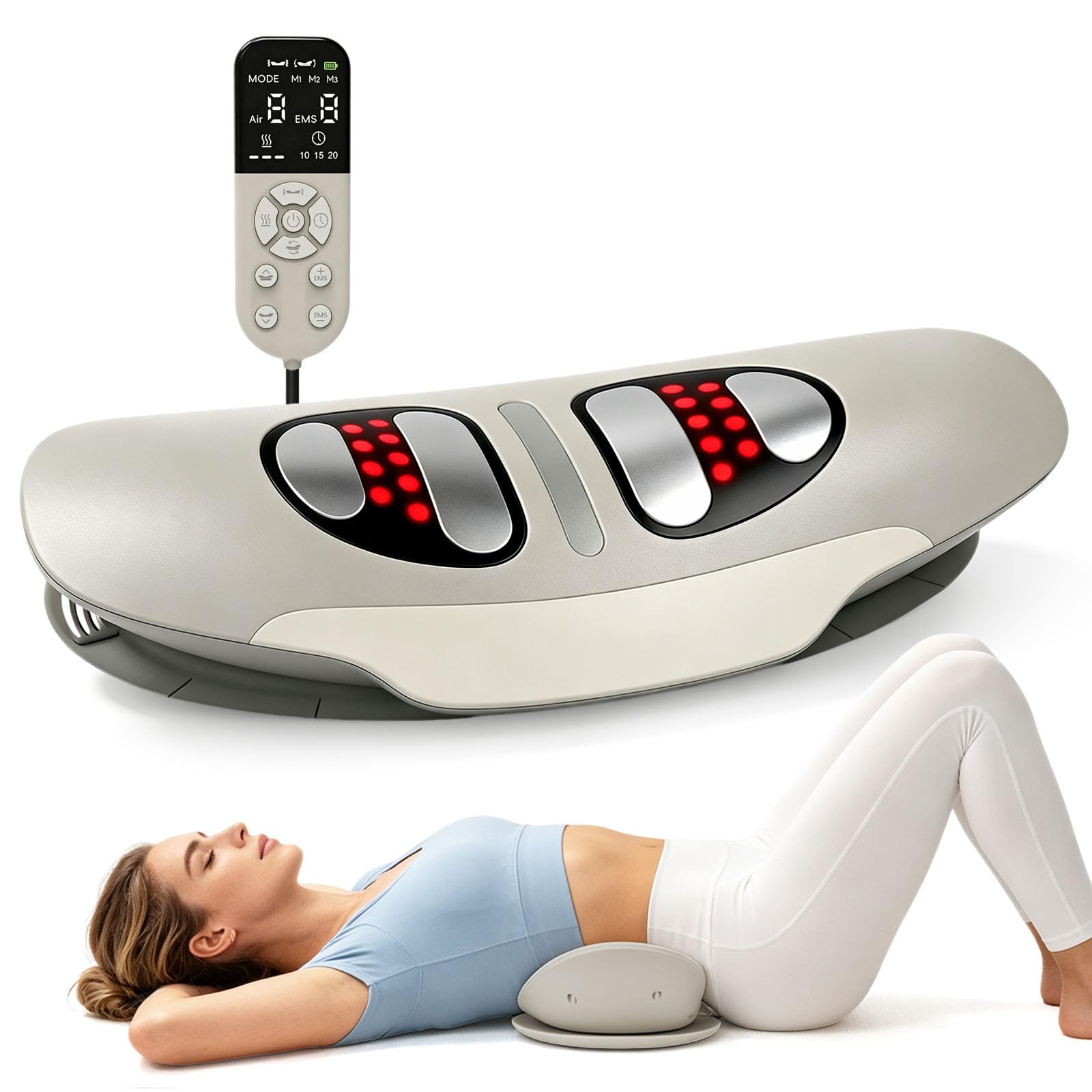5 en 1 Masajeador Lumbar Eléctrico, Masajeador de Tracción Lumbar con EMS Masajeador, Calor, Vibración, Tracción Airbag y Luz Roja/Azul/Violeta, Masajeador de Espalda con Mando a Distancia