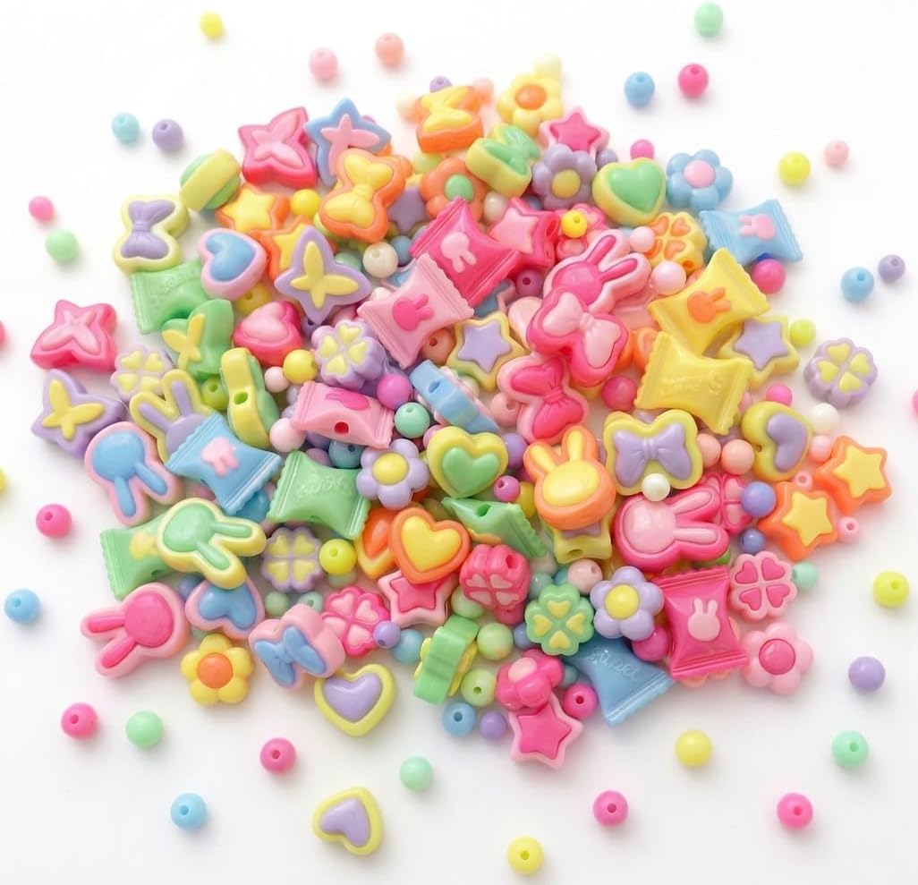 Jabrand 240pcs Acrylic Beads for Bracelet Making, Assorted Bead Charms for Jewelry Making Heart Flower Butterfly Candy Round Beads for Keychains Necklace Decoration DIY Crafts