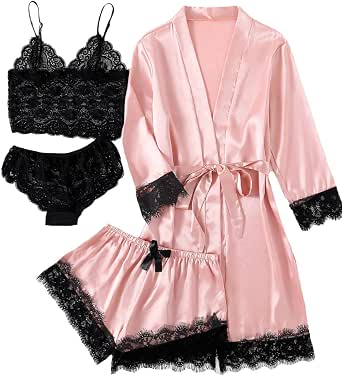 LYANER Women's 4-Piece Satin Pajamas Set - Cami Top, Shorts, Button Shirt & Pants - View #2
