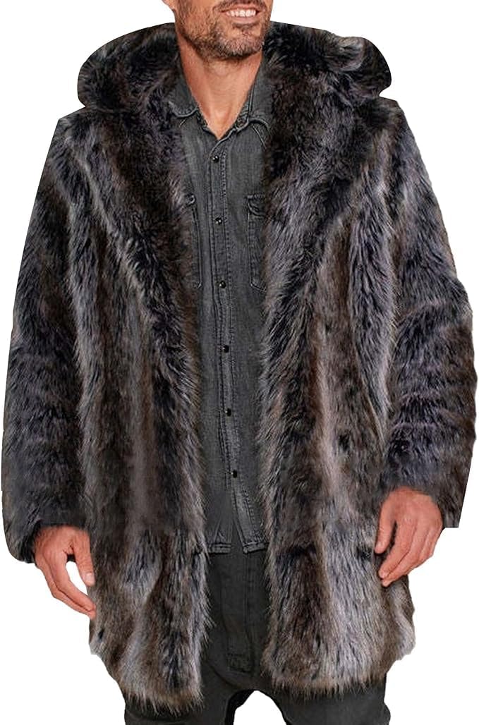 Mens Faux Fur Hooded Trench Coat Warm Winter Fleece Hoodies Long Parka Jackets Classic Fluff Loose Thick Outwear