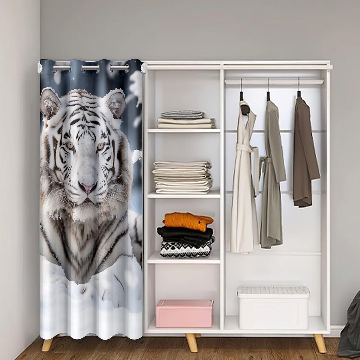 White Tiger Blackout Door Curtain 80"×42",Jungle Wild Animal 3D Print Doorway Curtain Room Darkening,Winter Snowy Nature Wildlife Curtain for Bedroom Door,1 Panel