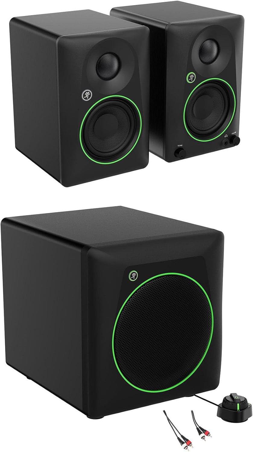 Audiosavings Bundle: Pair of Mackie CR3.5BT 3.5" Powered Studio Monitors Bundle with Mackie CR8SBT 8" Powered Studio Subwoofer, Rockville RCDR10B 10' Dual RCA to RCA Pro Audio Cable (3 Items)