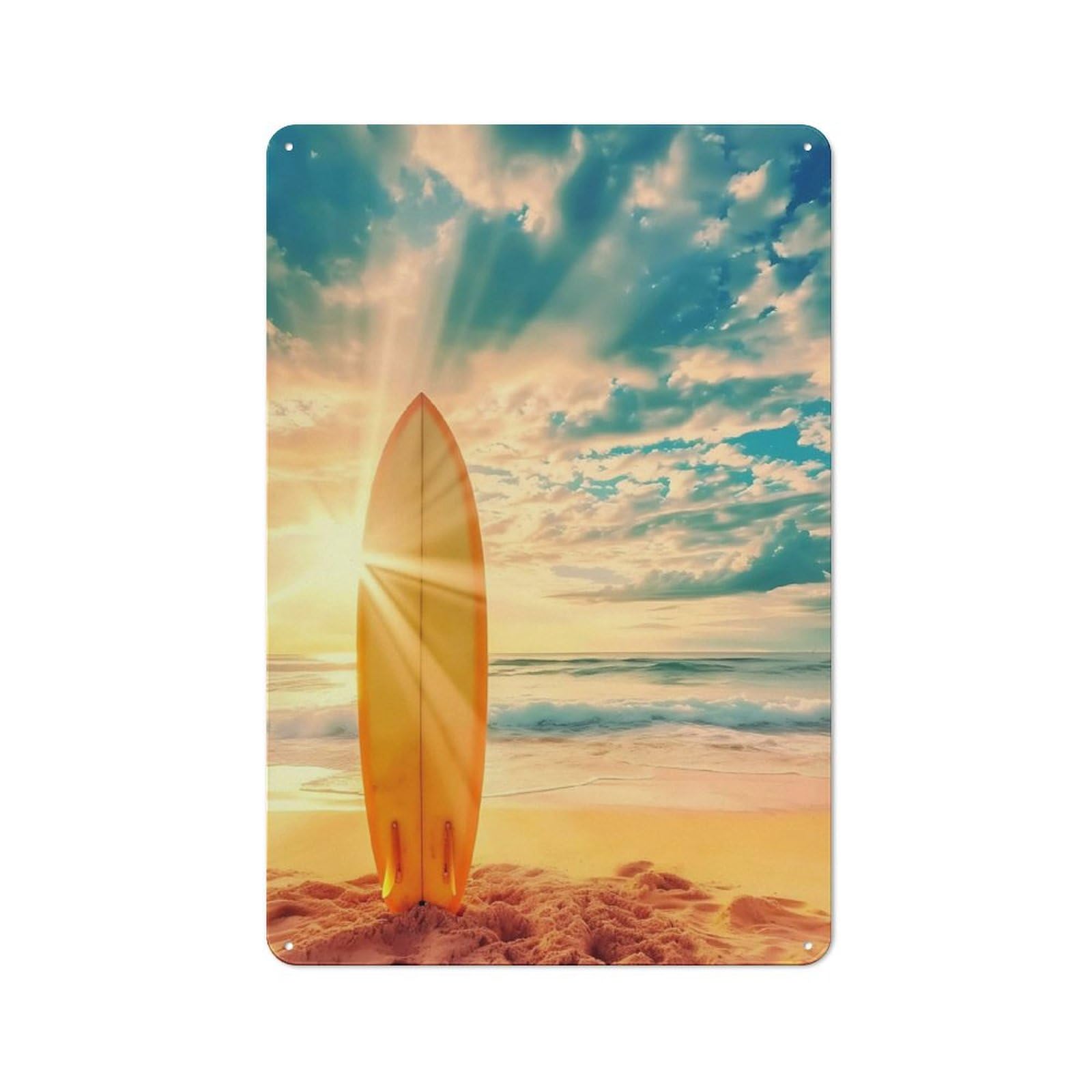 Rustic Metal Tin Sign, Beach Surfboard Landscape Print, Bedroom Bathroom Coastal Wall Decor 12x8 Inch